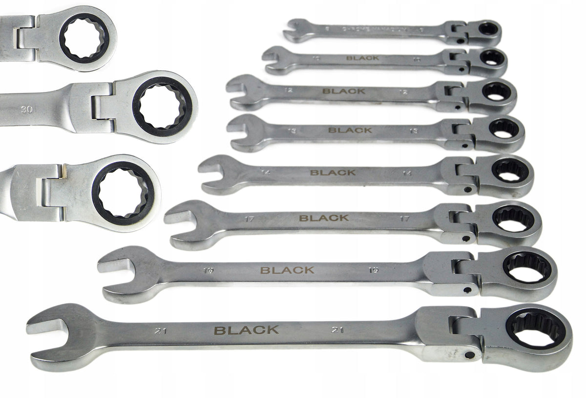 SET OF WRENCHES FLAT EYE RATCHET BROKEN 8-32mm BLACK 13 ELEMENTS Brand Black