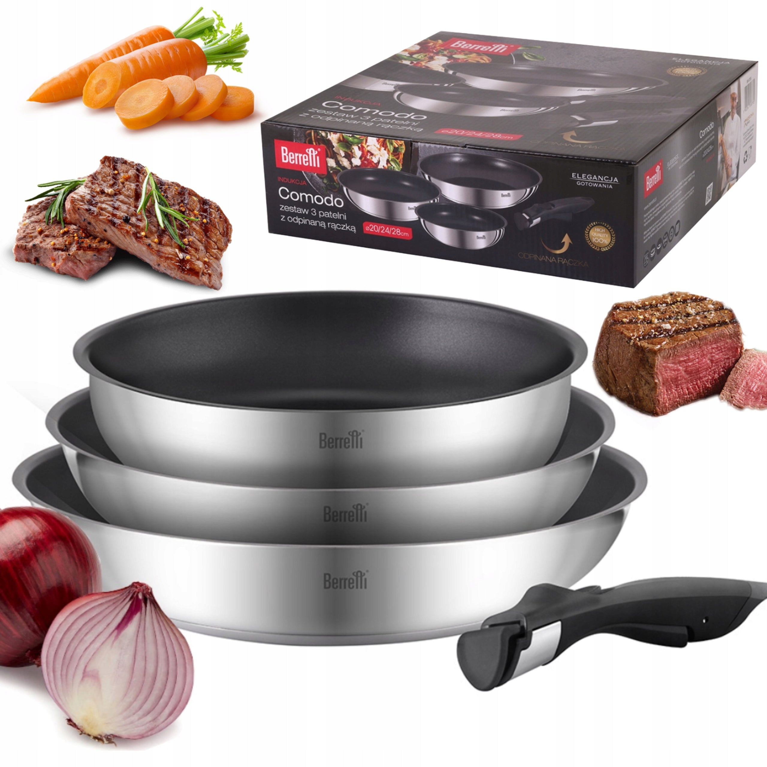SET PAN WITH TITANIUM COATING AND DETACHABLE HANDLE BERRETTI 20/24/28CM Manufacturer code BR-8785