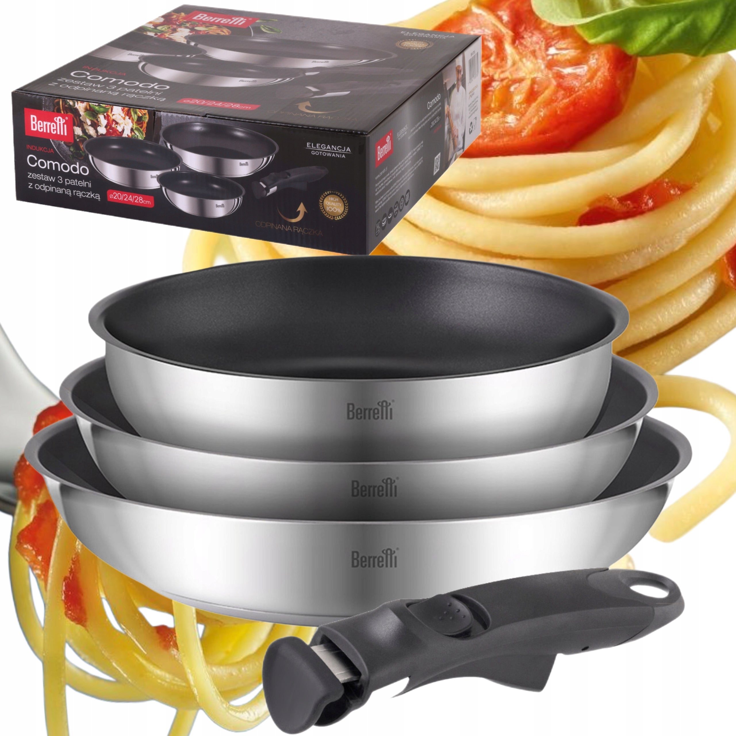 SET PAN WITH TITANIUM COATING AND DETACHABLE HANDLE BERRETTI 20/24/28CM