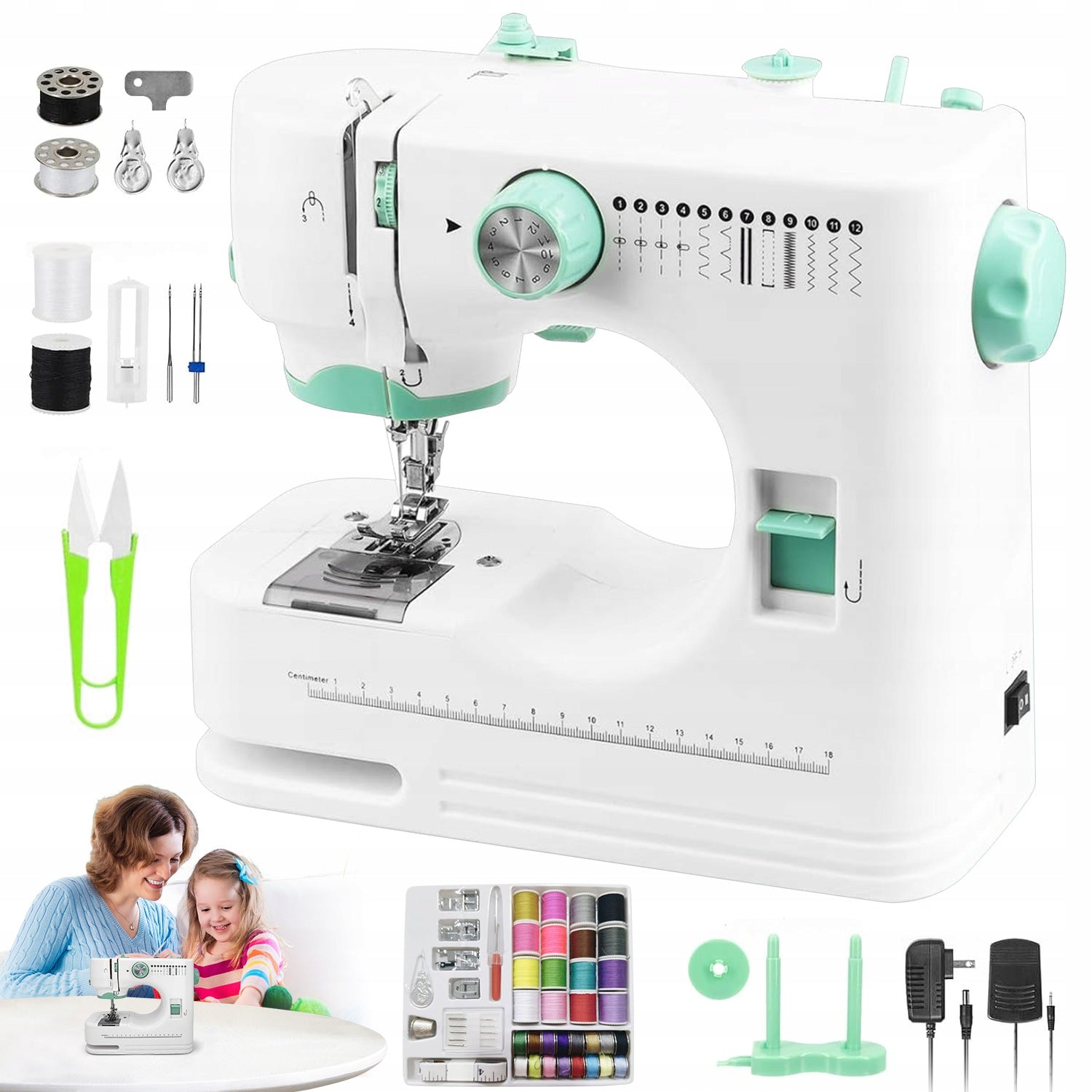 SET PORTABLE SEWING MACHINE 12 CROCHET PATTERNS EASY ADJUSTMENT