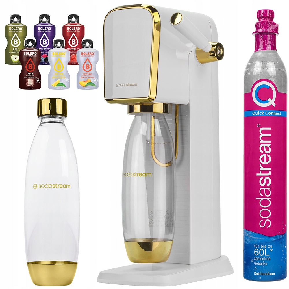 SET SATURATOR SODASTREAM ART WHITE AND GOLD BOTTLE + CARTRIDGE + ADDITIVES