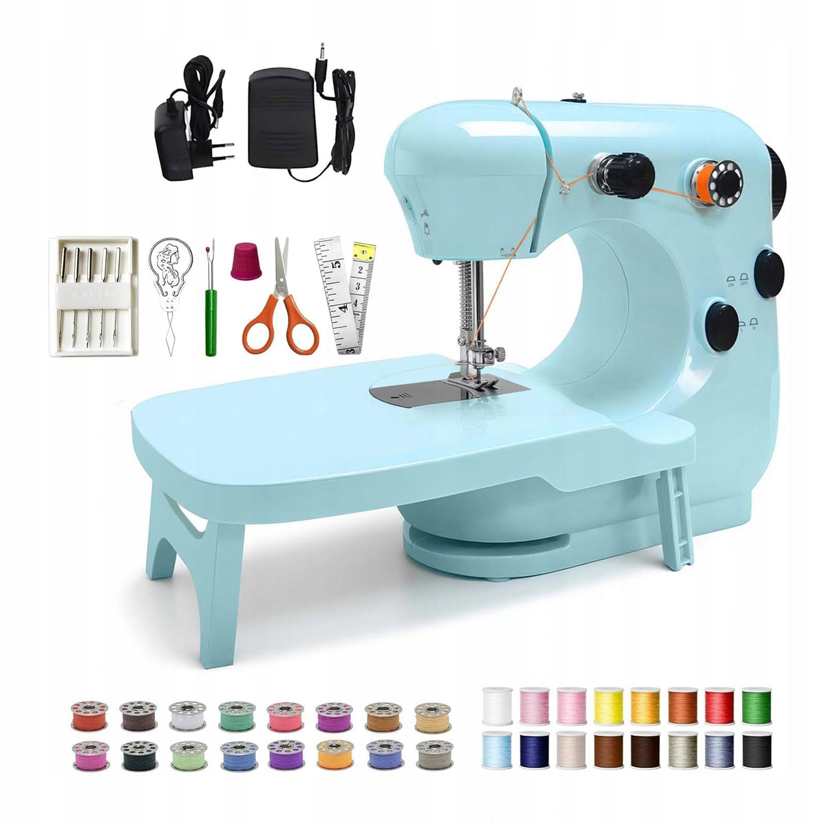 SET! Small, portable two-speed sewing machine, with pull-out table!