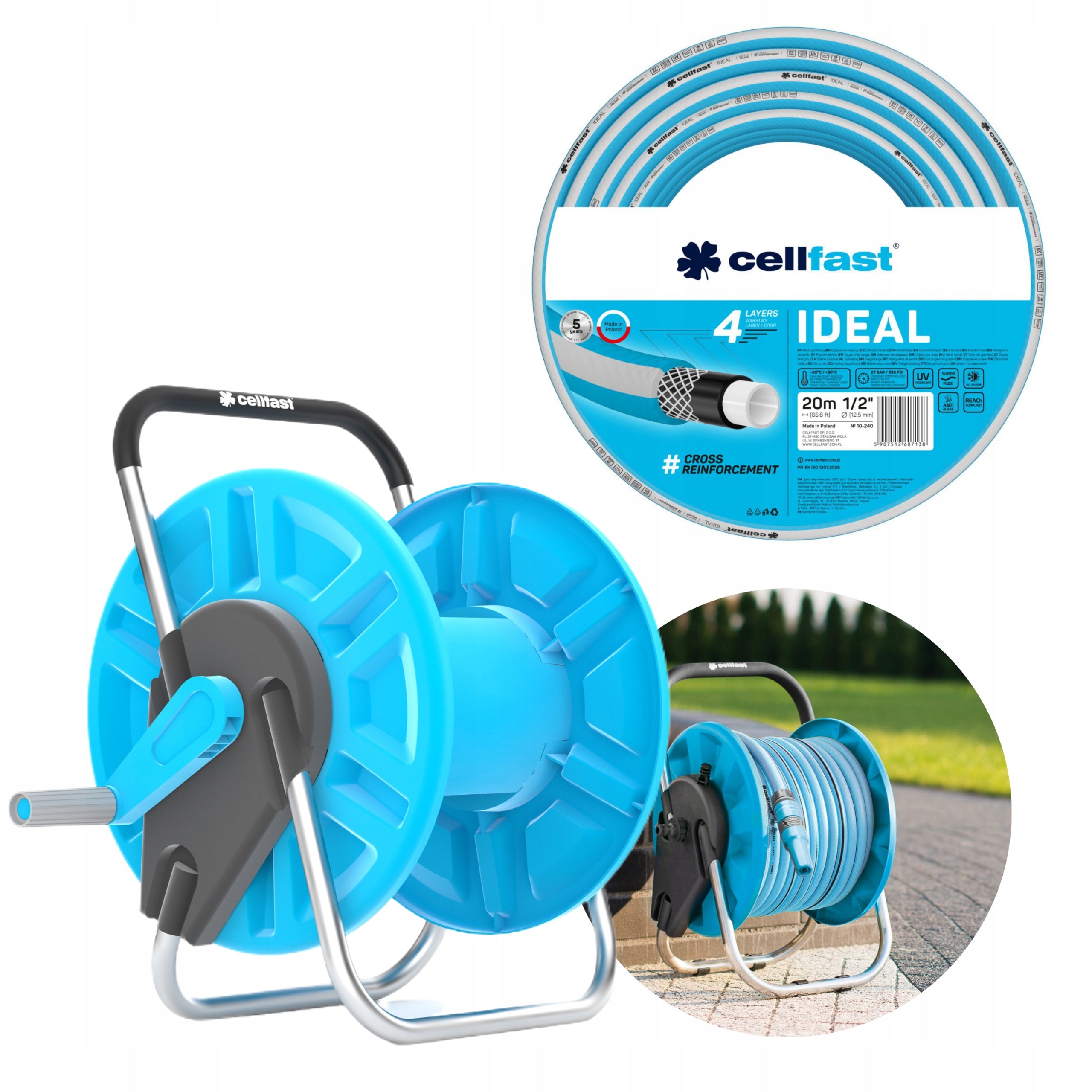 SET TROLLEY STAND ALUPLUS + GARDEN HOSE 27 BAR IDEAL 1/2" 20M