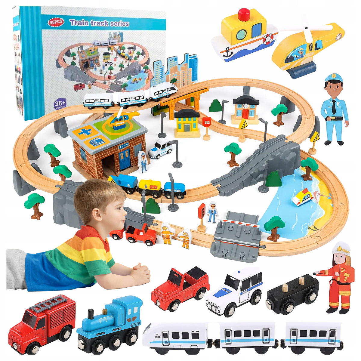 SET battery-operated train tracks bridge passage police guard wooden railway