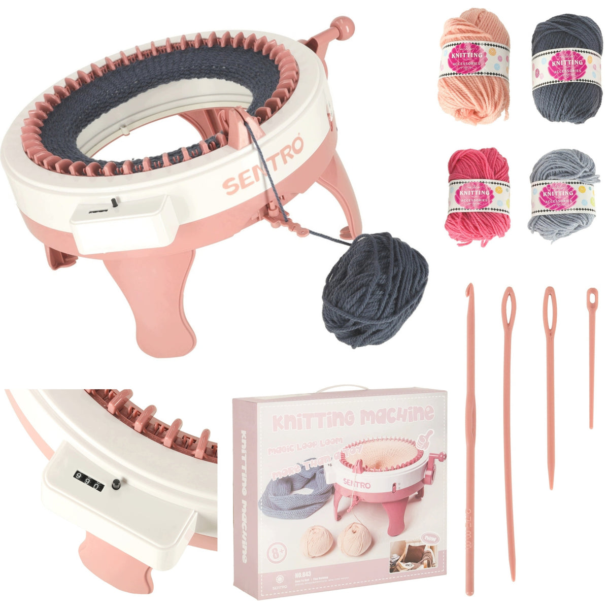 SEWING MACHINE KNITTING LOOM 8-NEEDLE ROUND 4 BALLS OF YARN