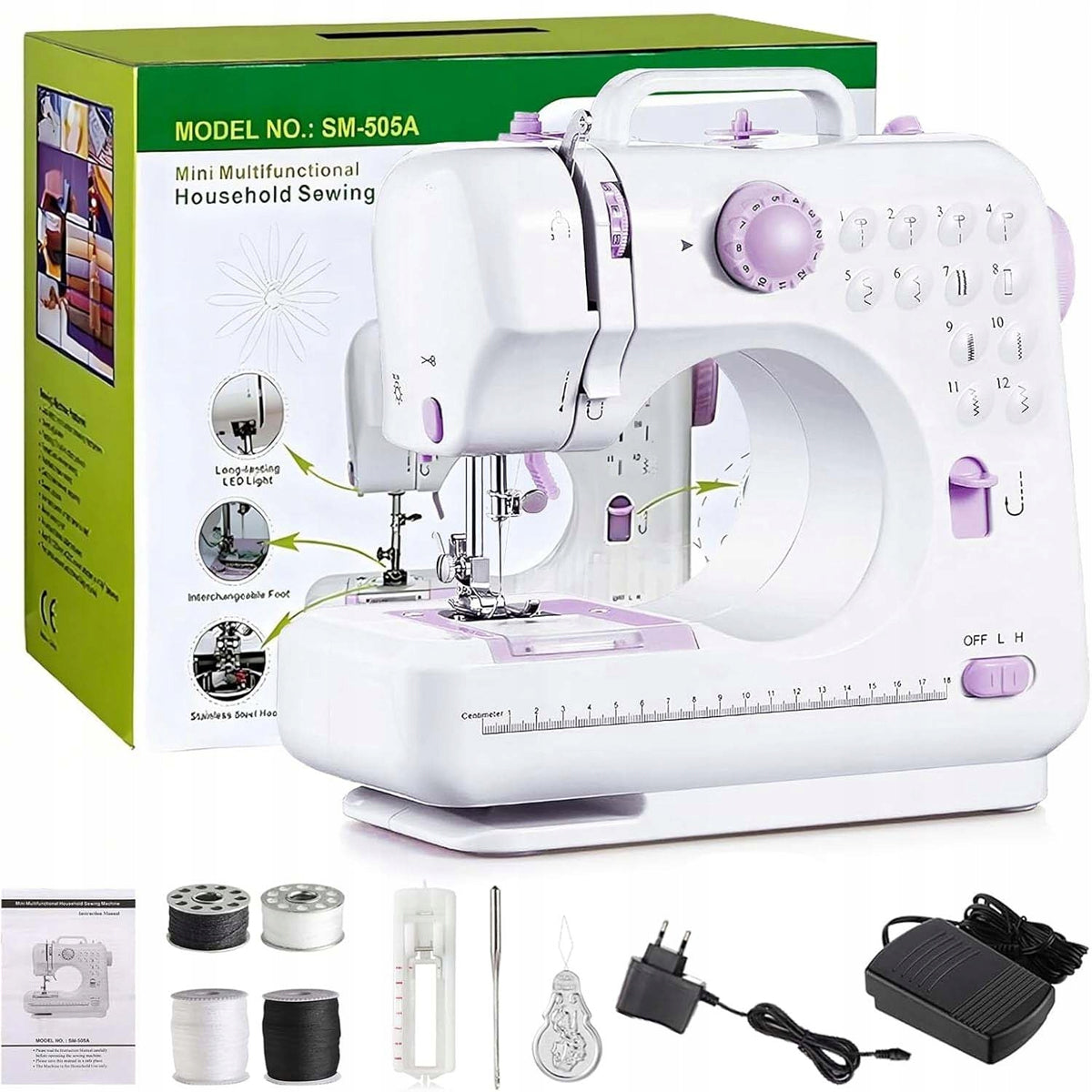 SEWING MACHINE PORTABLE MINI WITH PEDAL+LED+ SEWING SET 12 STITCHES