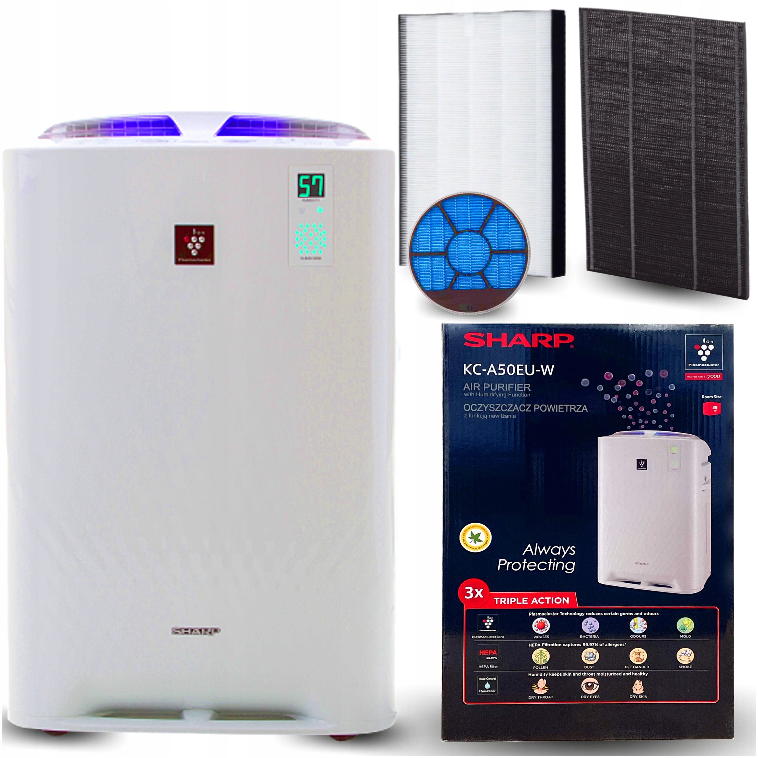 SHARP AIR PURIFIER HUMIDIFIER KCA50EUW HEPA POWERFUL SILENT IONIZATION