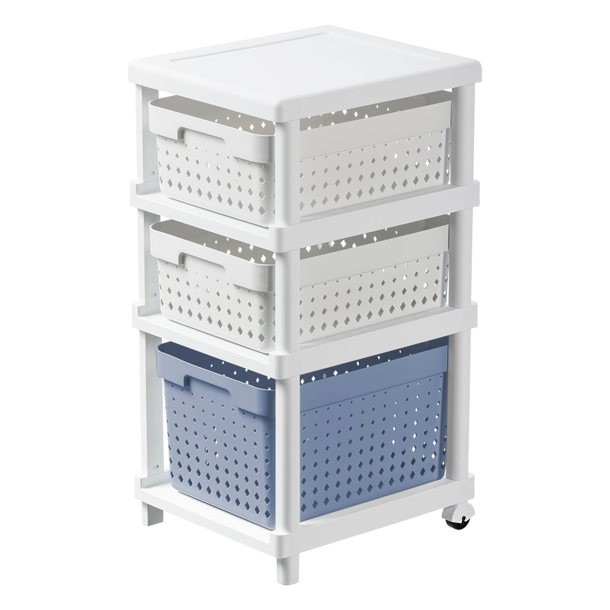 SHELF CHEST OF DRAWERS BATHROOM RACK WITH BASKETS ON WHEELS WHITE-BLUE