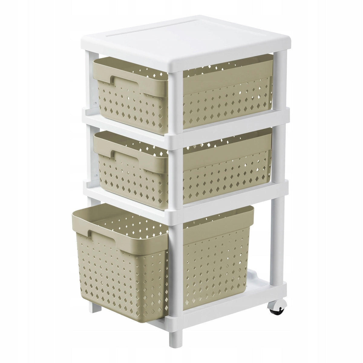 SHELF CHEST OF DRAWERS BATHROOM RACK WITH BASKETS ON WHEELS WHITE-OLIVE Packaging status original