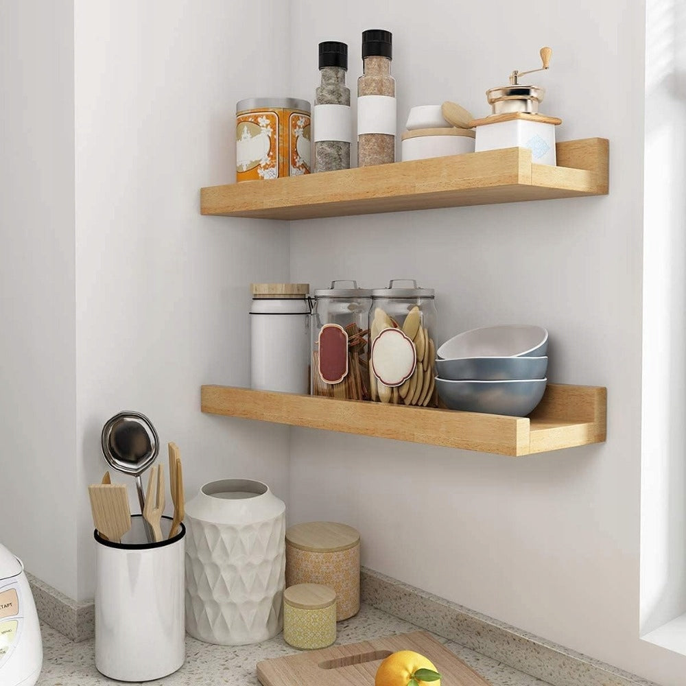 SHELF NATURAL WOOD HANGING 2 WALL RACKS 60*12*4,5CM WITH LIP Furniture depth 12 cm