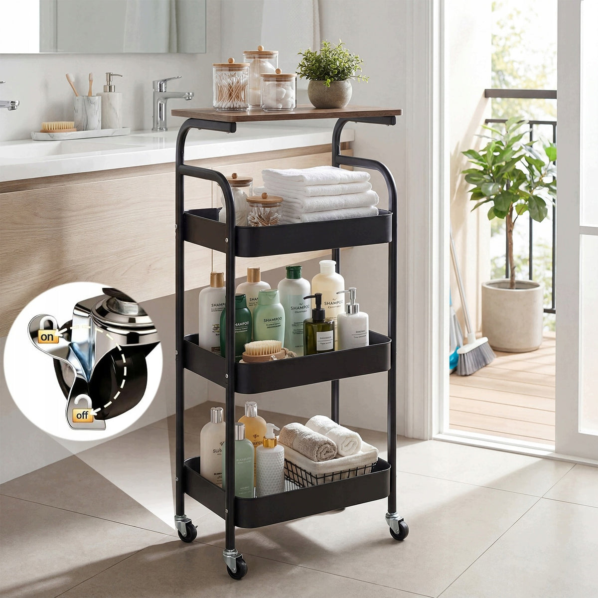 SHELF ON WHEELS STORAGE 3 LEVELS METAL WOOD KITCHEN MOBILE Packaging status original