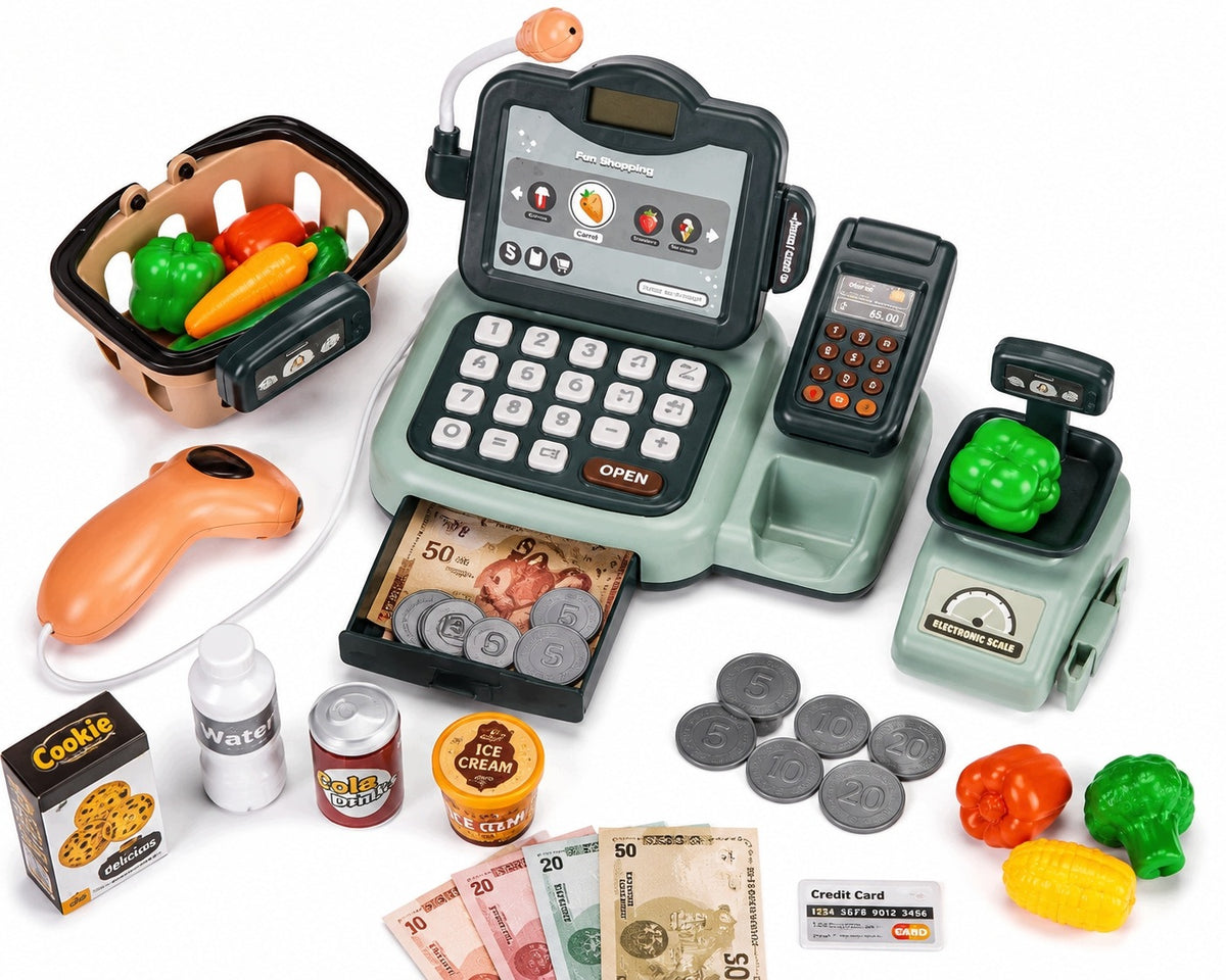 SHOP CASH REGISTER FOR CHILDREN WITH SCANNER SCALE TERMINAL 24 EL SOUNDS GIFT Packaging status original