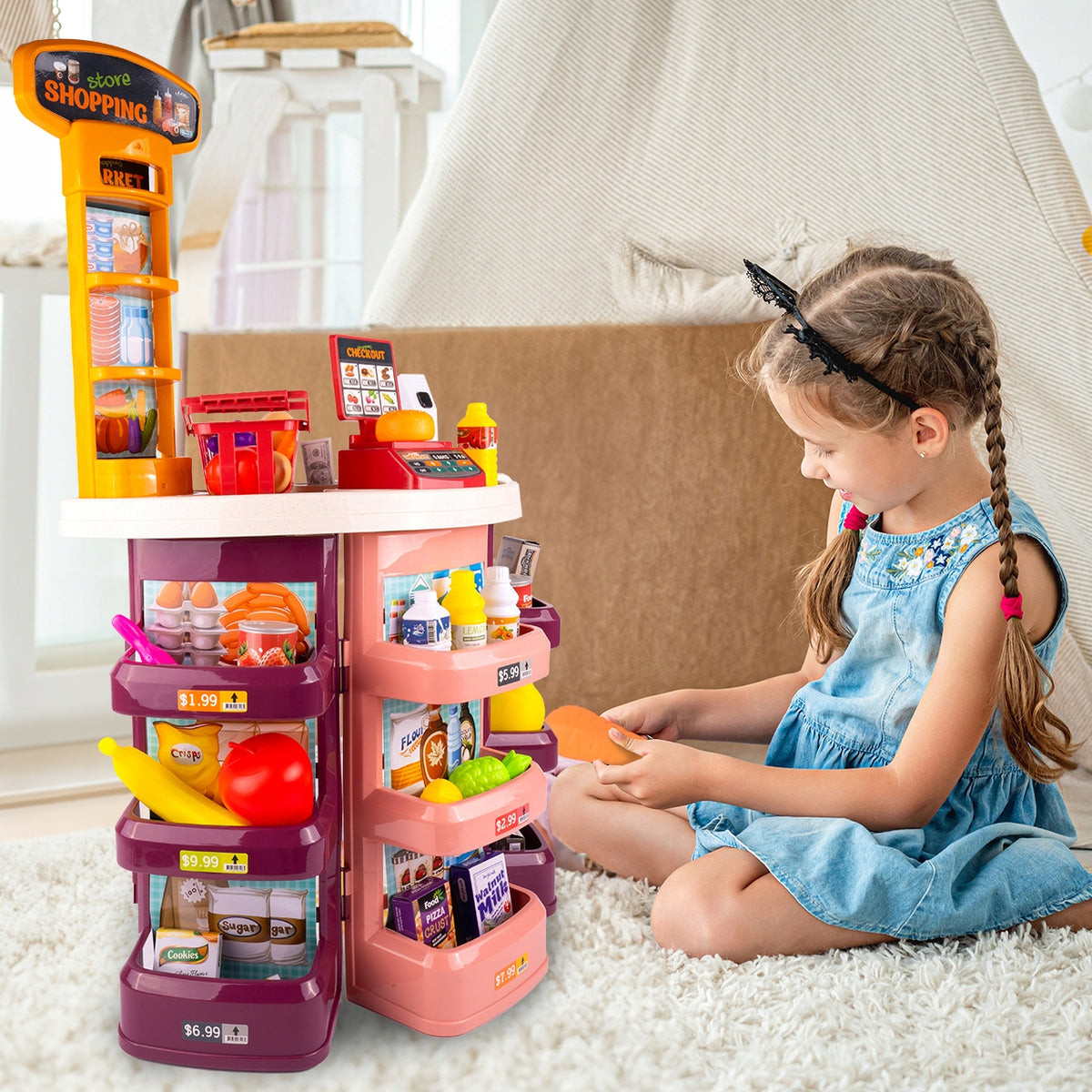 SHOP STALL SUPERMARKET FOR CHILDREN TOY CASH REGISTER BASKET + 44 ELEMENTS Brand MalPlay