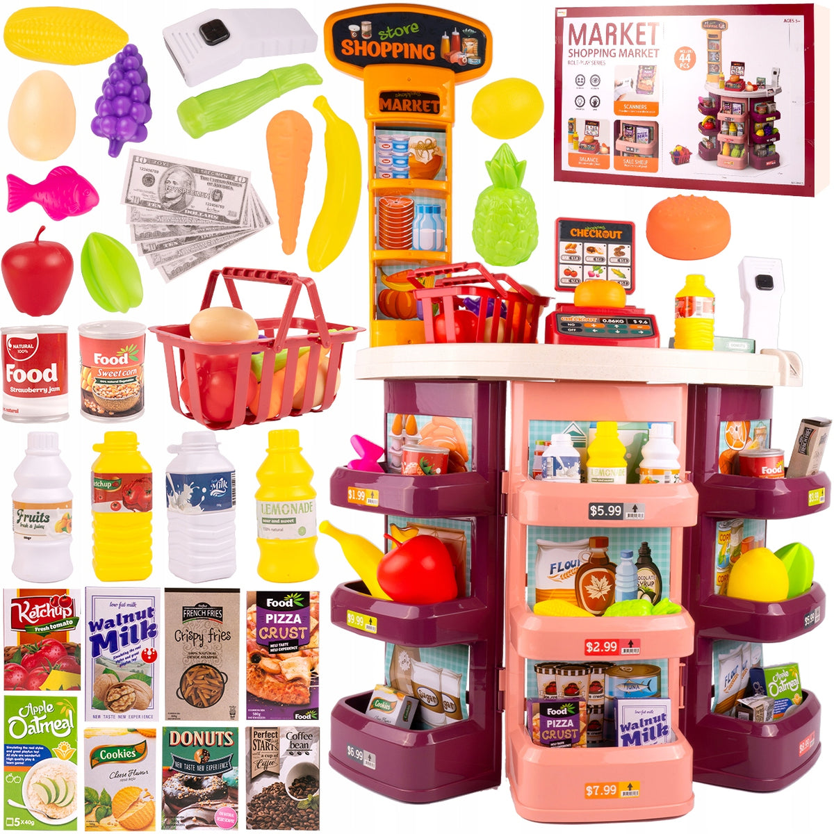 SHOP STALL SUPERMARKET FOR CHILDREN TOY CASH REGISTER BASKET + 44 ELEMENTS