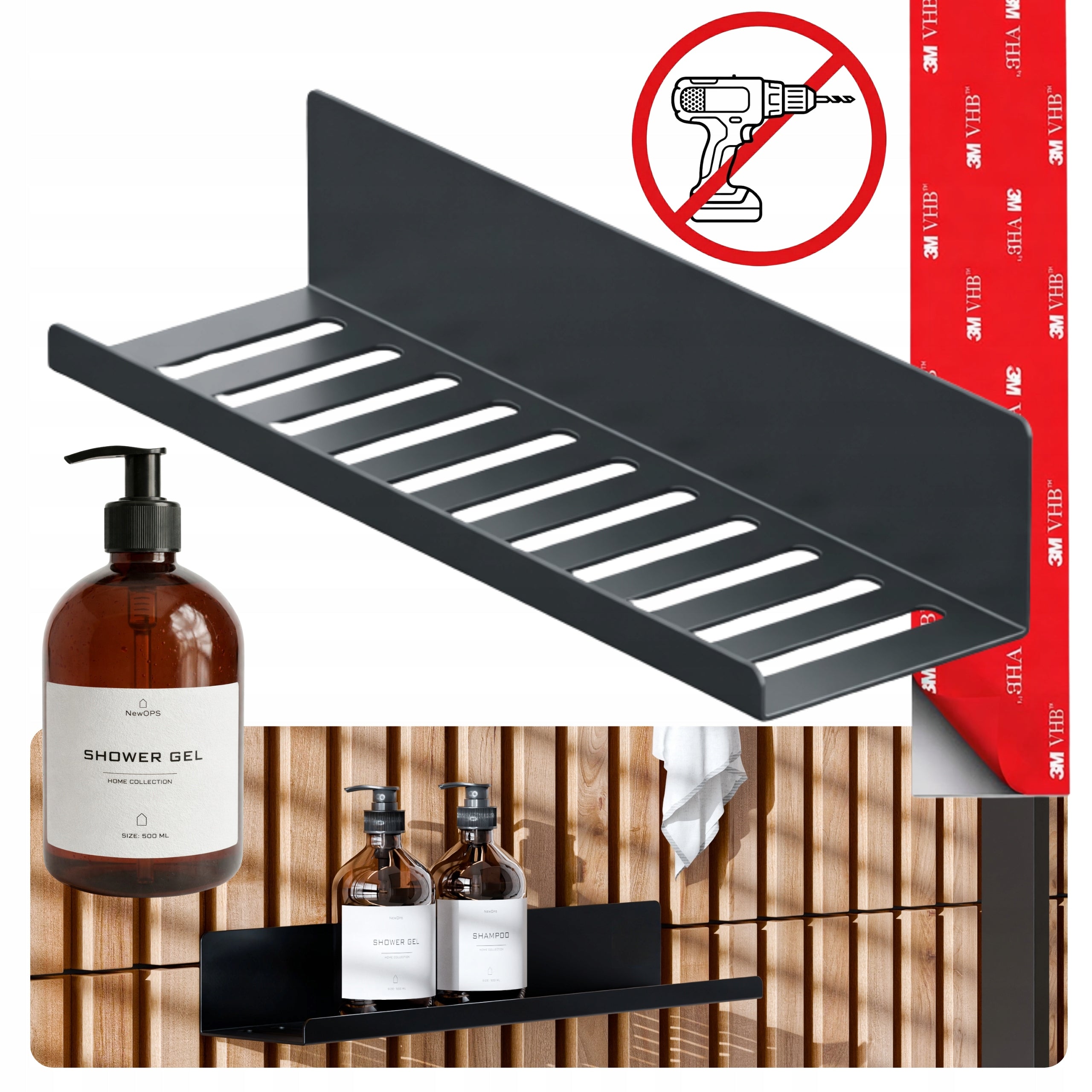 SHOWER SHELF NEXA 30 cm NON-INVASIVE WITHOUT DRILLING 3M VHB + BOTTLE