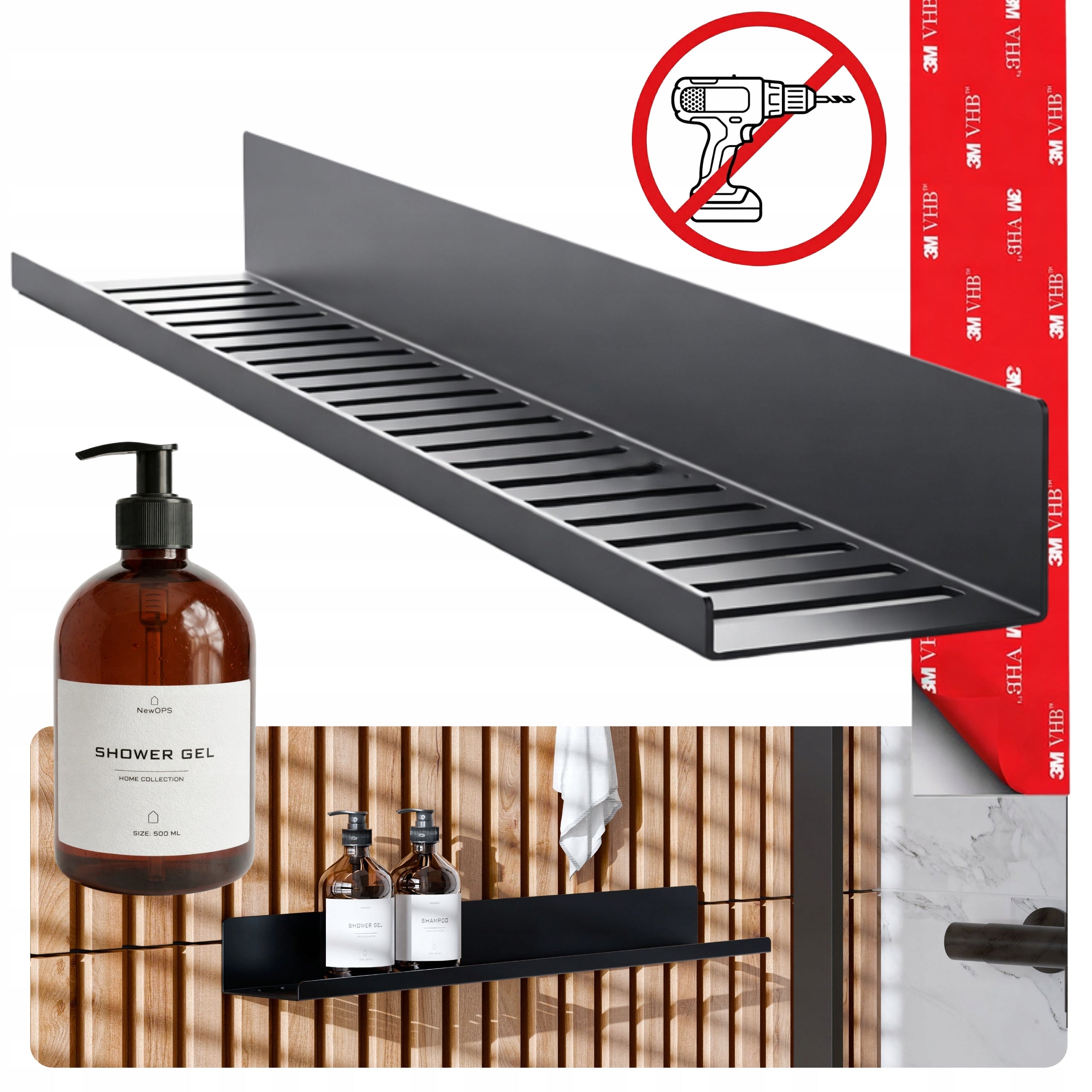 SHOWER SHELF NEXA 60 cm NON-INVASIVE WITHOUT DRILLING 3M VHB + BOTTLE