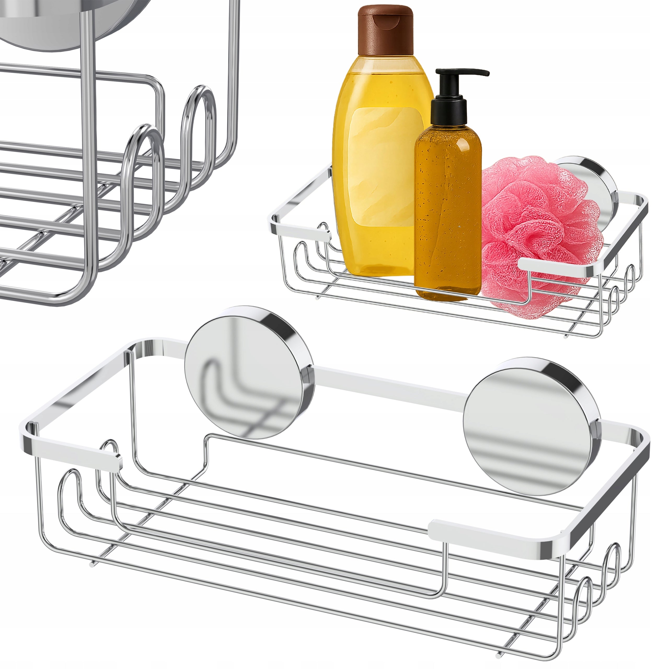 SHOWER SHELF SILVER BATHROOM HANGING WITHOUT DRILLING DURABLE