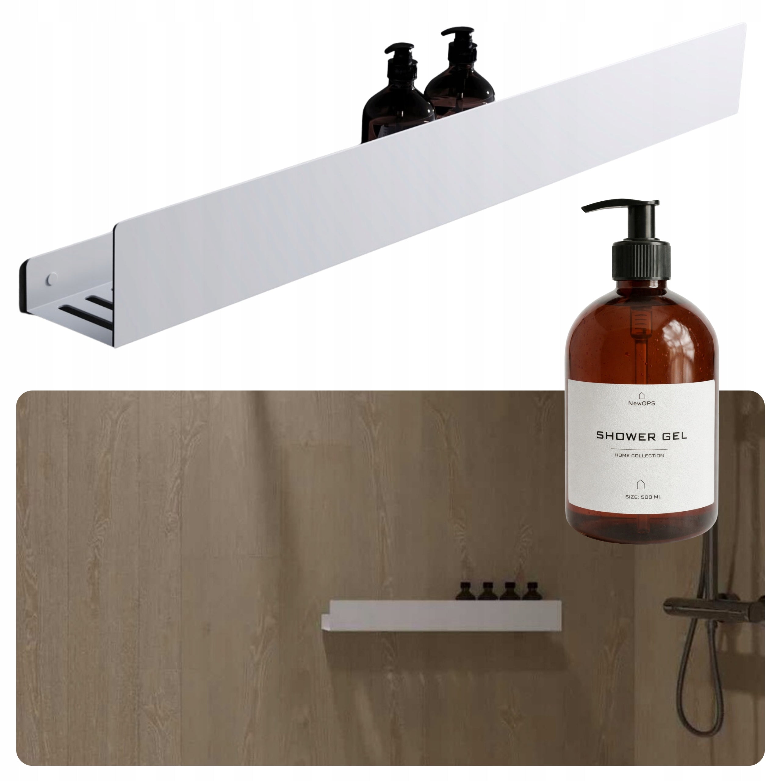 SHOWER SHELF WHITE LONG LOFT METAL FOR BATHROOM 80 cm + DISPENSER