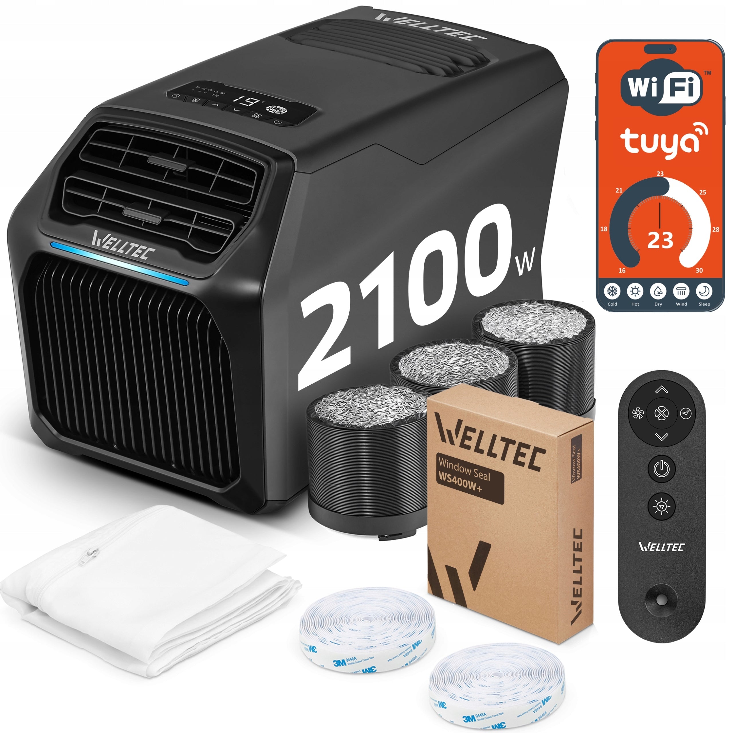 SILENT PORTABLE AIR CONDITIONER WELLTEC ACE2 PRO 2,1kW - TWO-PIPE FOR MOTORHOME Dominant color black