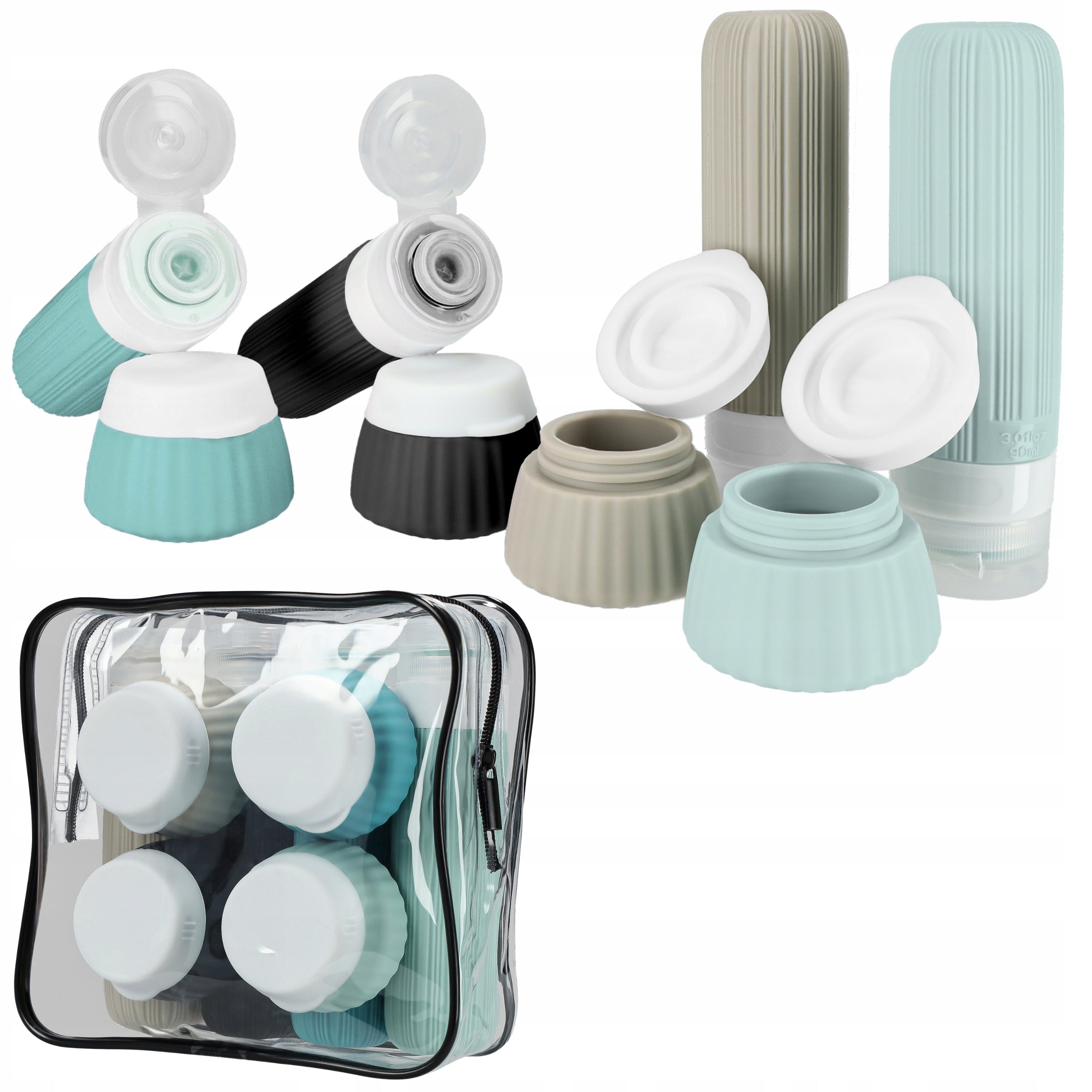 SILICONE AIRPLANE TRAVEL BOTTLES FOR COSMETICS CONTAINERS +COSMETIC BAG