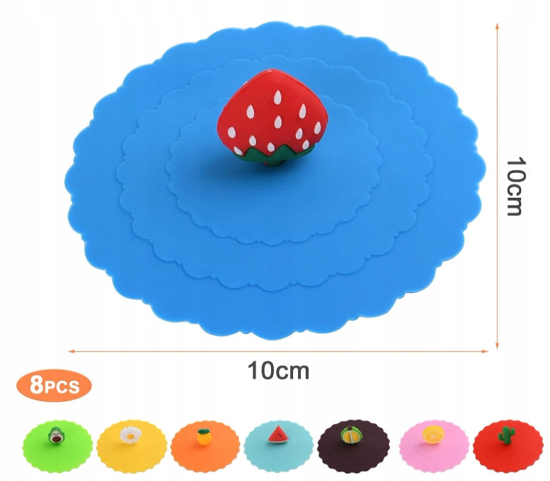 SILICONE CUP LID GLASS HANDLES COLORFUL FRUIT SET OF 8 Brand no brand