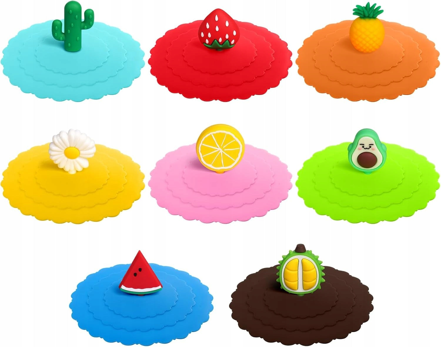 SILICONE CUP LID GLASS HANDLES COLORFUL FRUIT SET OF 8