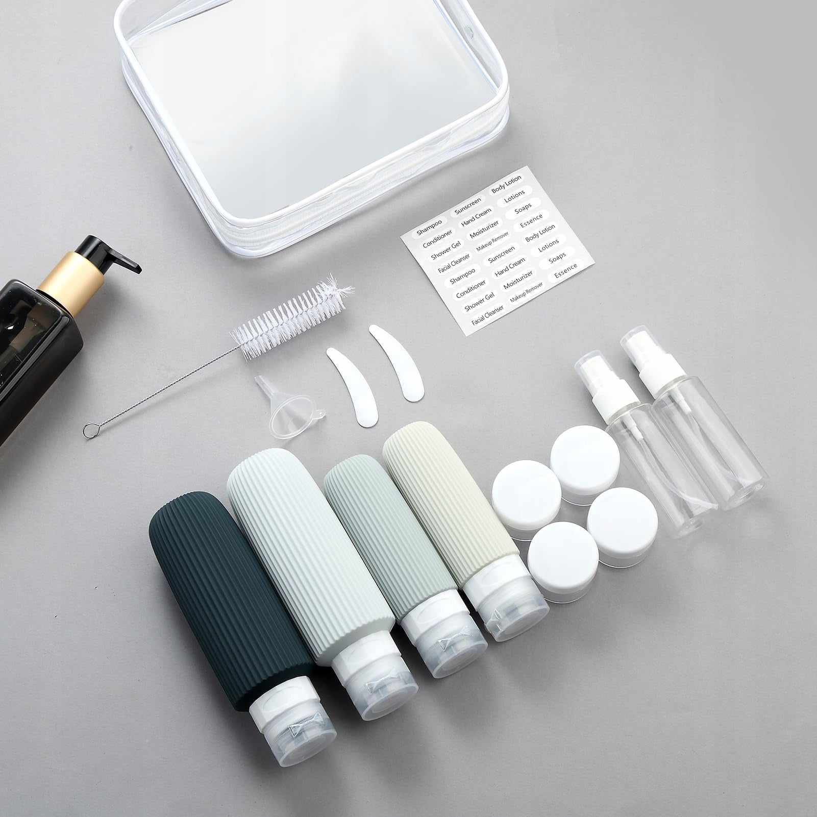 SILICONE TRAVEL BOTTLES FOR COSMETICS AIRPLANE CONTAINERS SET OF 16PCS Packaging status original