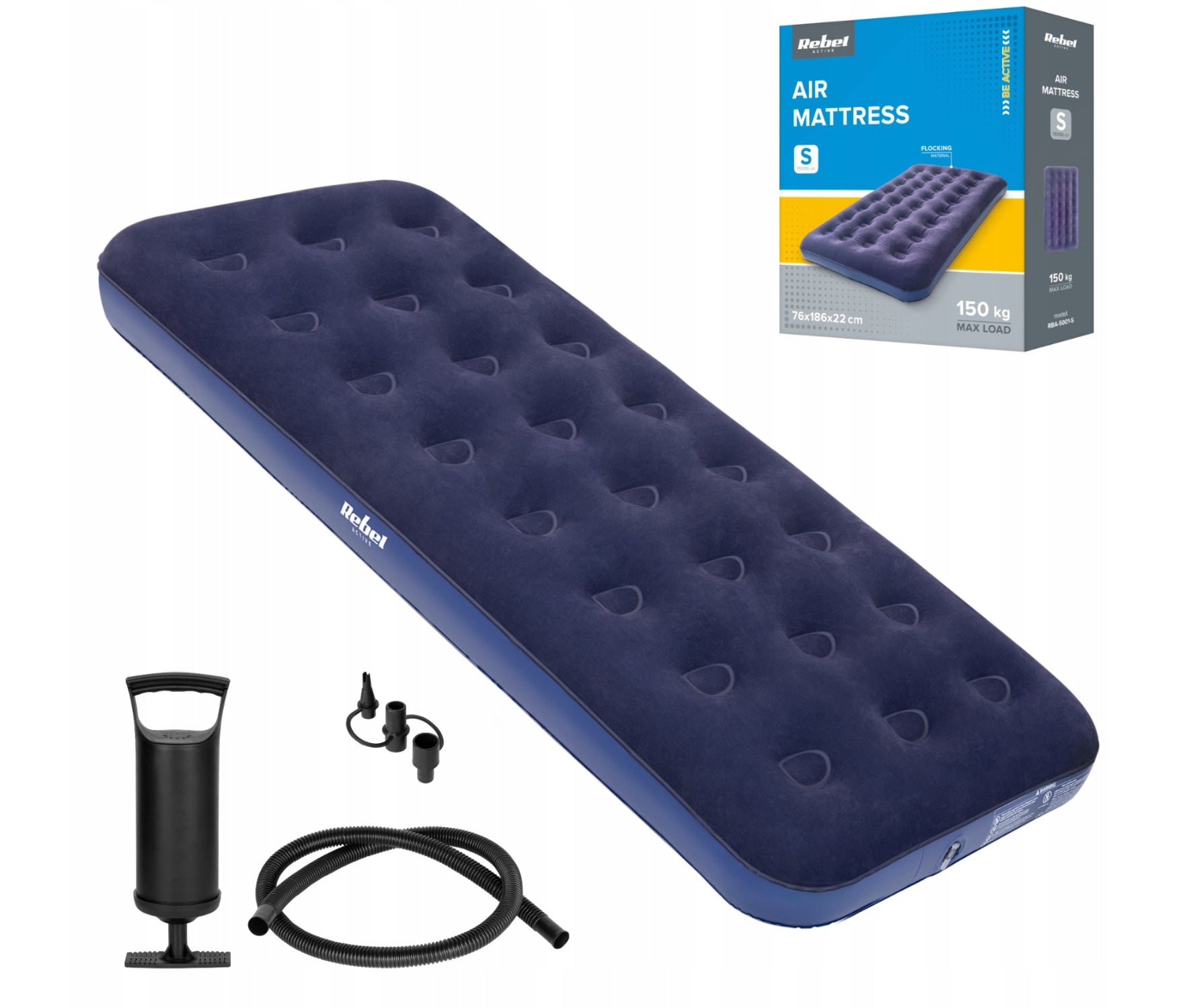 SINGLE INFLATABLE MATTRESS FOR SLEEPING + PUMP REBEL 186 x 76 x 22 cm