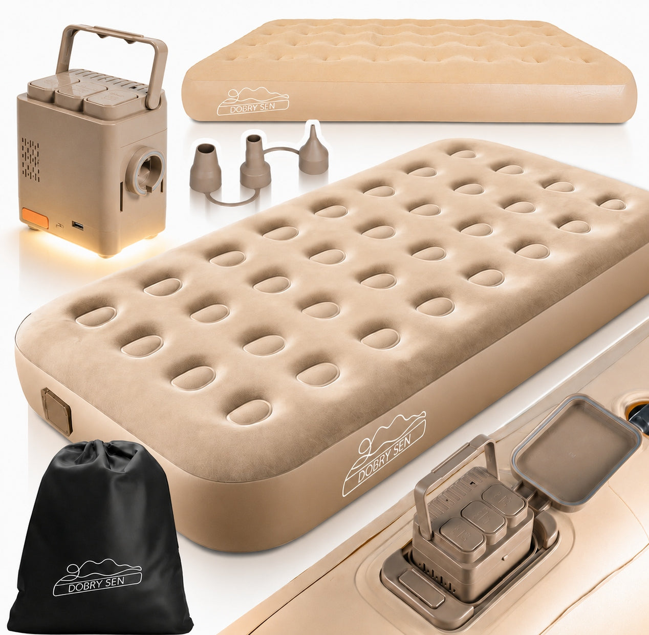 SINGLE INFLATABLE MATTRESS WITH ELECTRIC PUMP USB-C CAMPING+ lamp