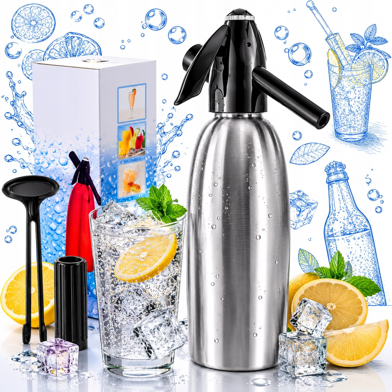 SIPHON SATURATOR FOR CARBONATED SODA WATER CO2 STEEL 1L silver