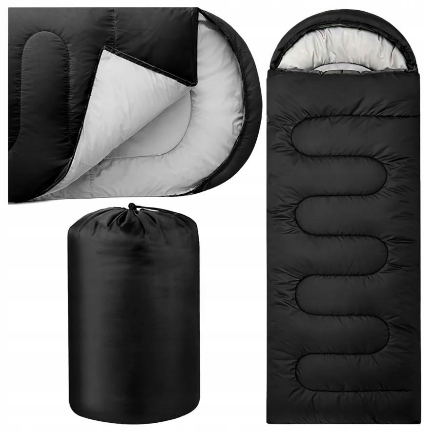 SLEEPING BAG TOURIST MUMMY 2IN1 210x75CM WARM HOOD DUVET COVER BLACK