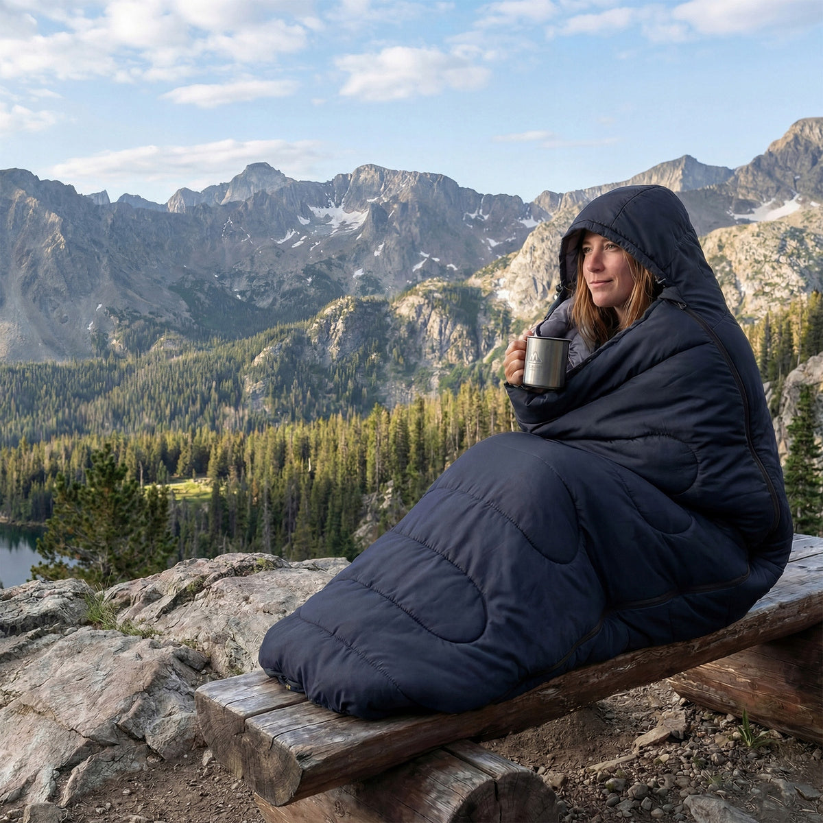 SLEEPING BAG TOURIST QUILT WITH HOOD 2in1 WARM LIGHT navy + cover Packaging status original