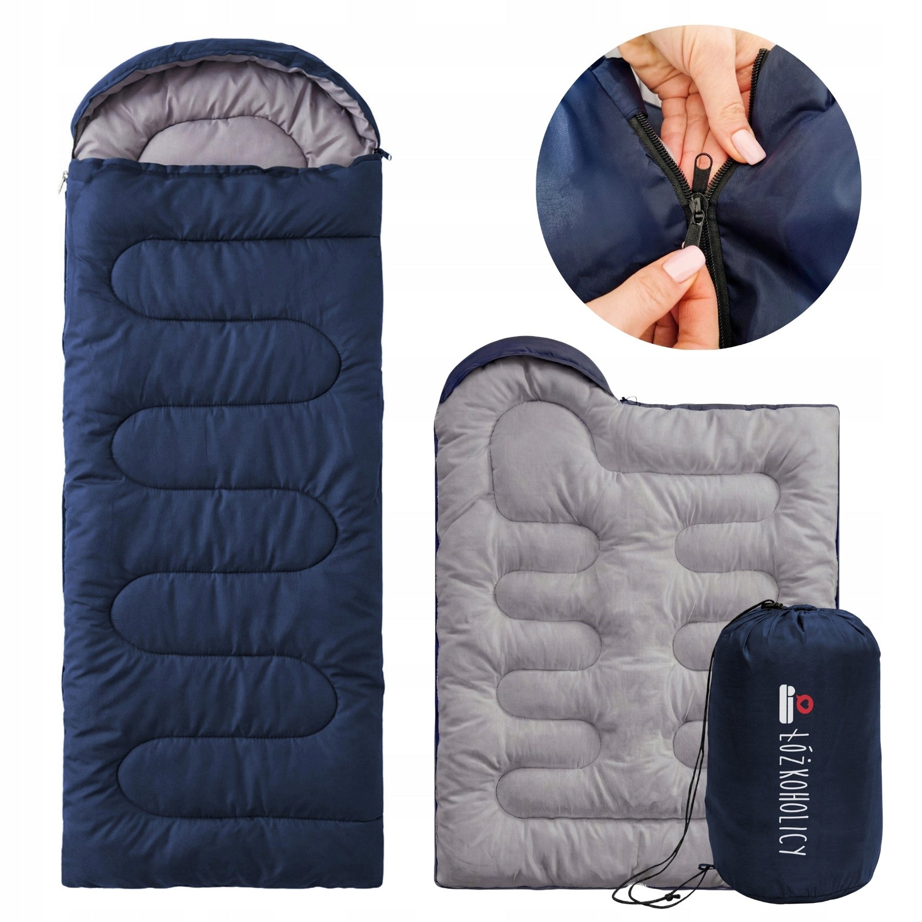 SLEEPING BAG TOURIST QUILT WITH HOOD 2in1 WARM LIGHT navy + cover