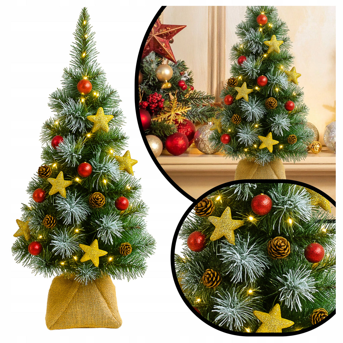 SMALL ARTIFICIAL CHRISTMAS TREE WITH CONES BAUBLES 55cm red LAMPS 20LED