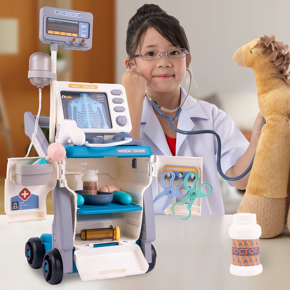 SMALL DOCTOR FOR CHILDREN LARGE MEDICAL KIT X-RAY EKG ON WHEELCHAIR Color multicolor