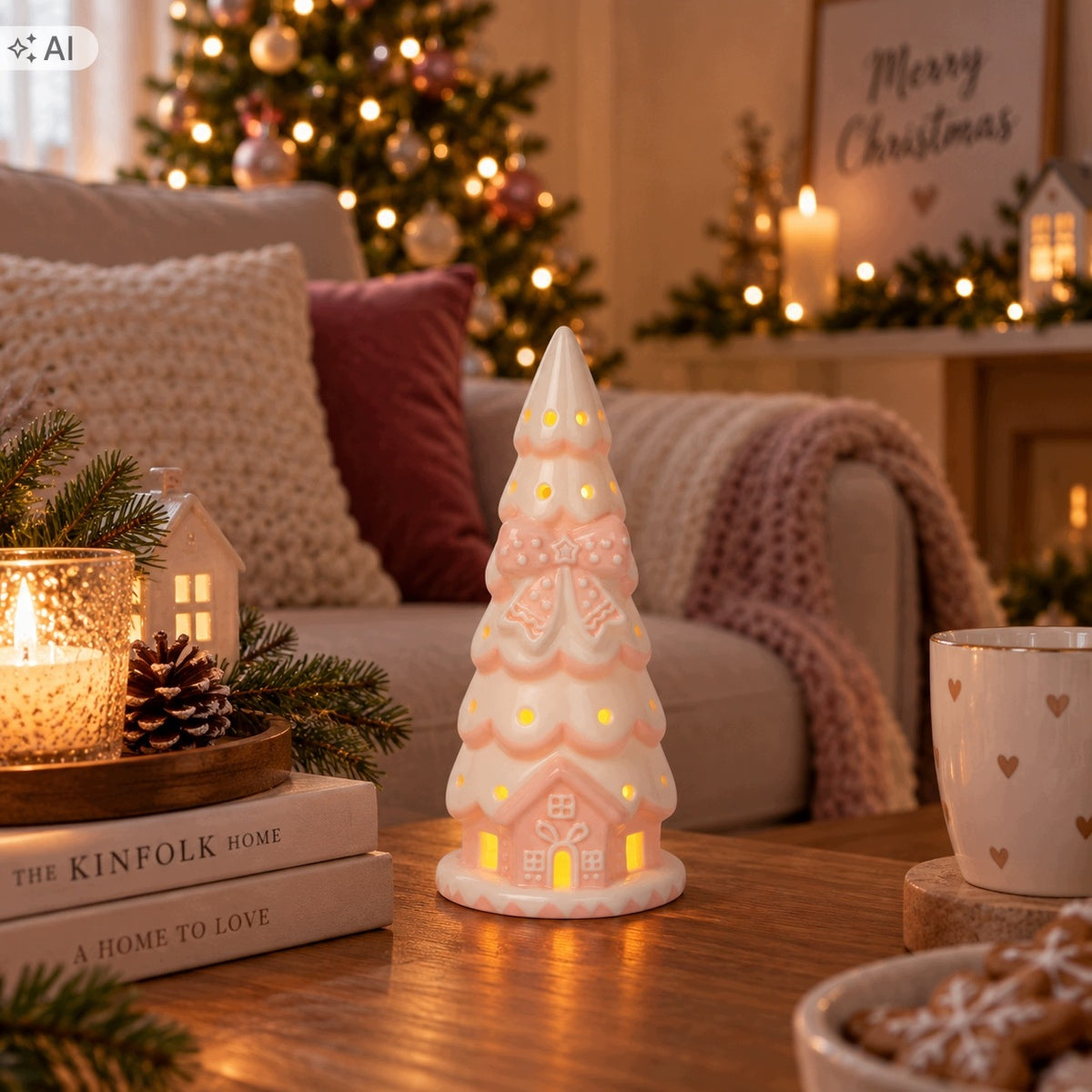 SMALL GINGERBREAD CHRISTMAS TREE GLOWING PINK DECORATION LED CHRISTMAS FIGURINE Packaging status original