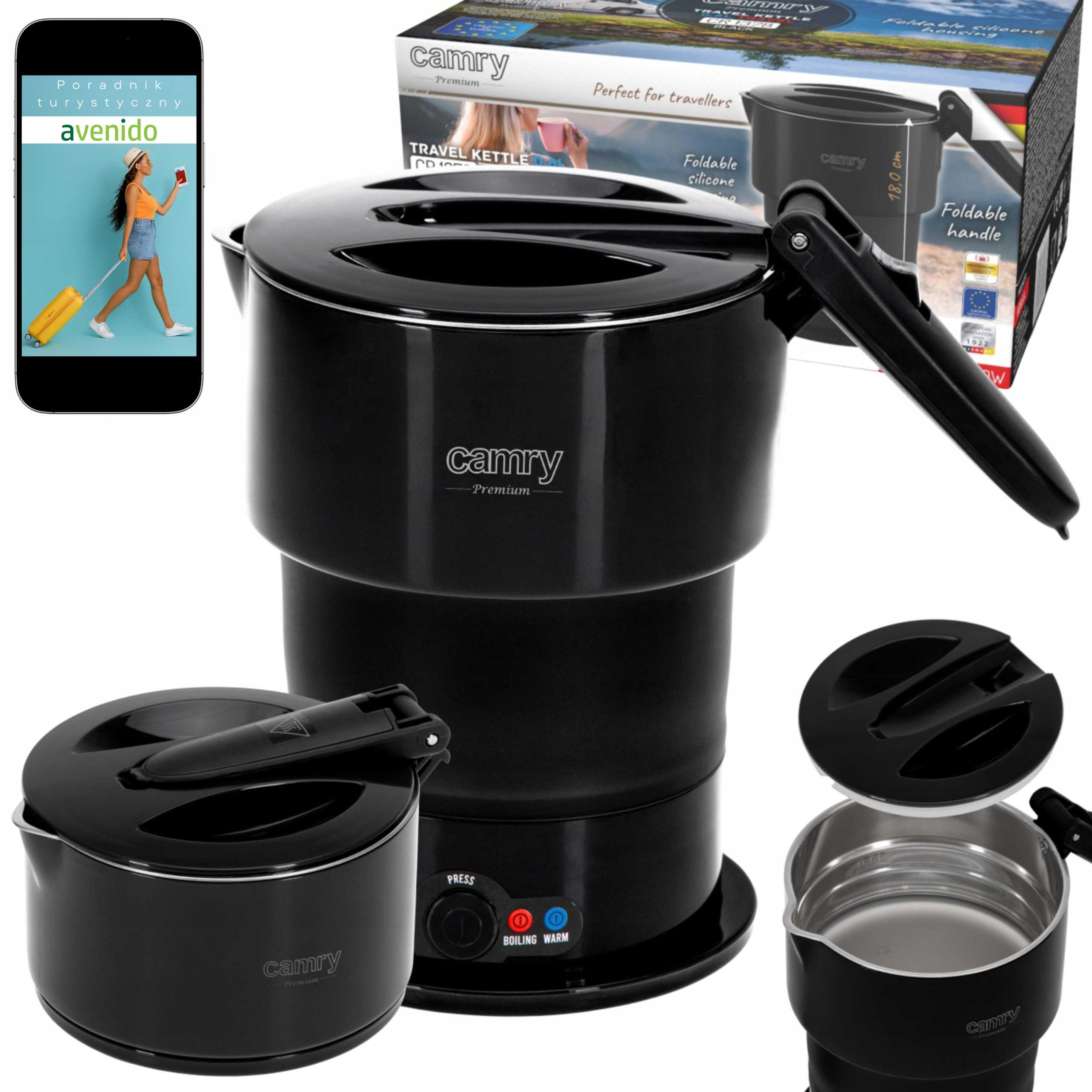 SMALL TOURIST KETTLE ELECTRIC FOLDING SILICONE 600ml 750W BAG Packaging status original