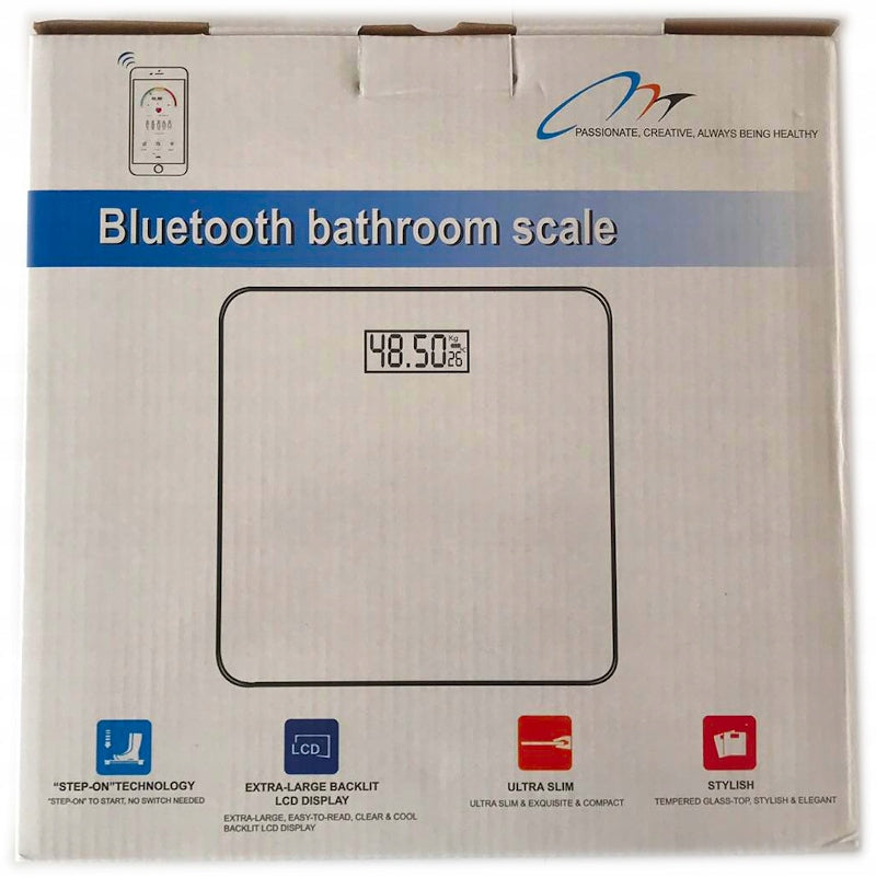 SMART BATHROOM SCALE GLASS BLUETOOTH Additional features auto power-on smartphone connection fat level measurement measuring muscle mass automatic shutdown water level measurement Bluetooth