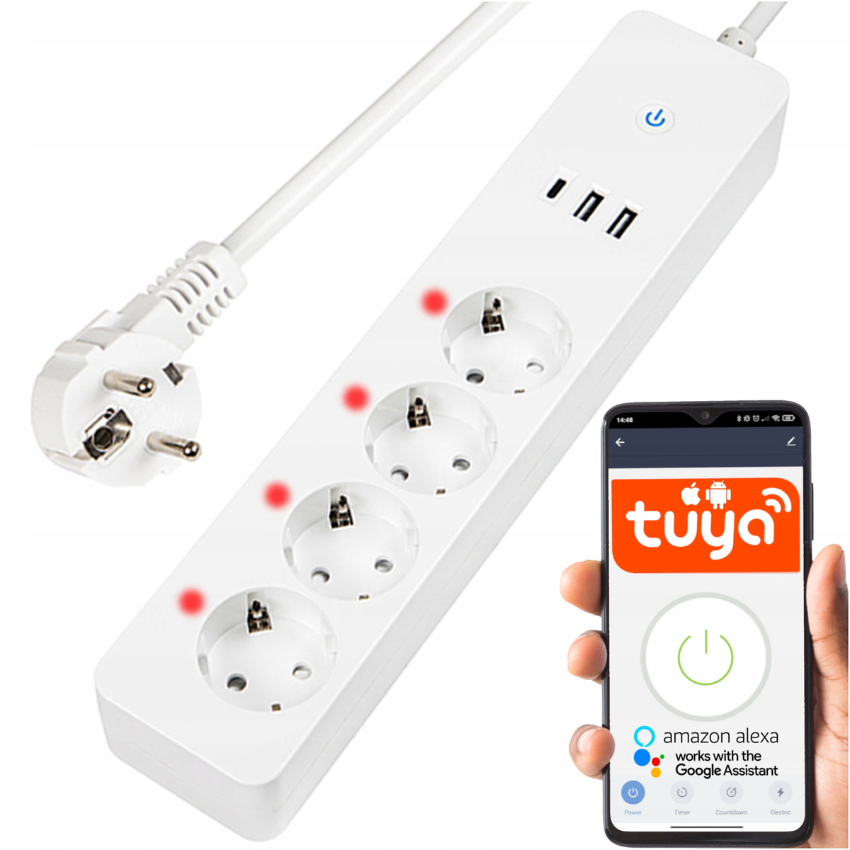 SMART NETWORK EXTENSION CABLE WIFI POWER STRIP TUYA 3m WHITE USB