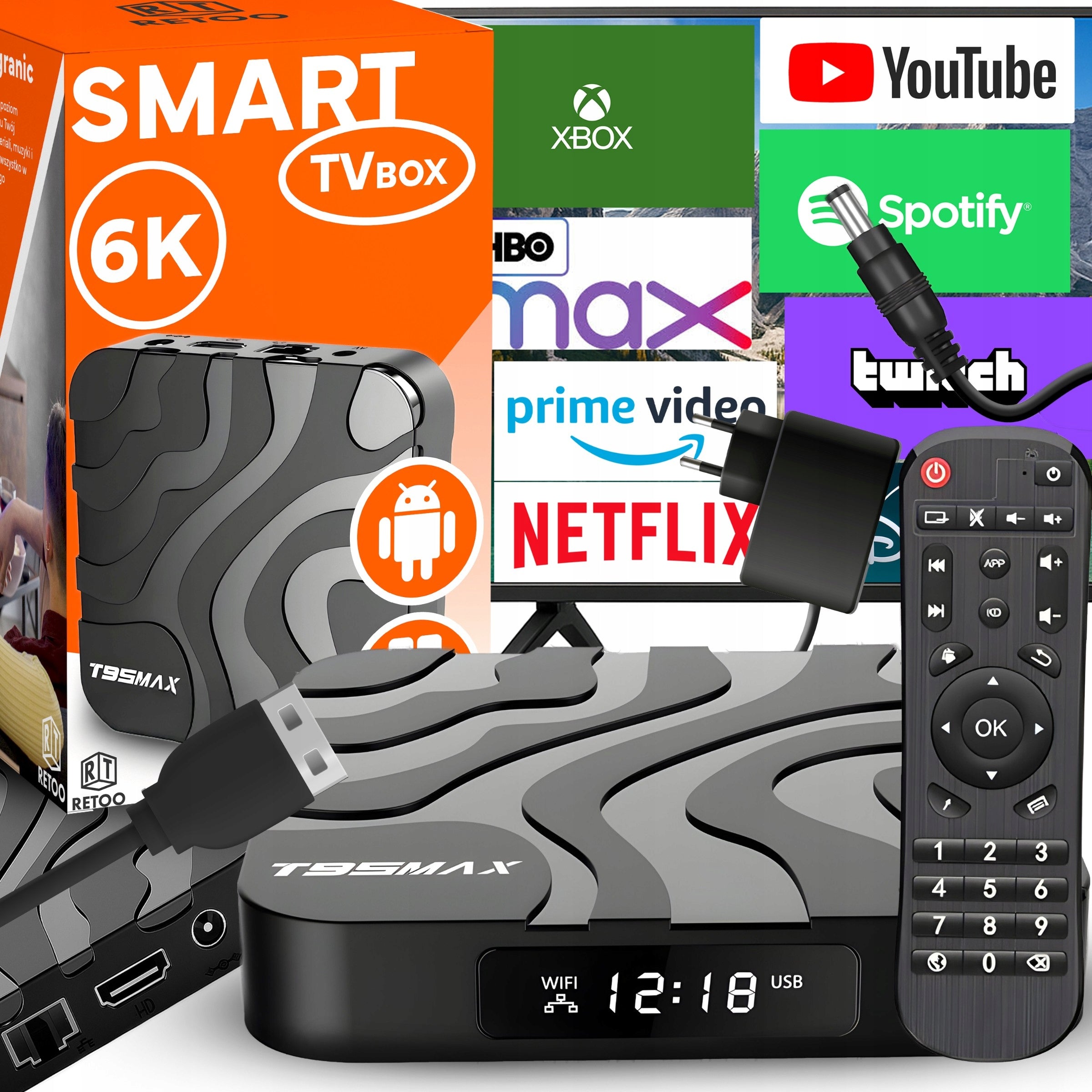 SMART TV BOX T95MAX ANDROID 9 64BIT 6K WIFI HDR USB 3.0 + REMOTE HDMI CABLE