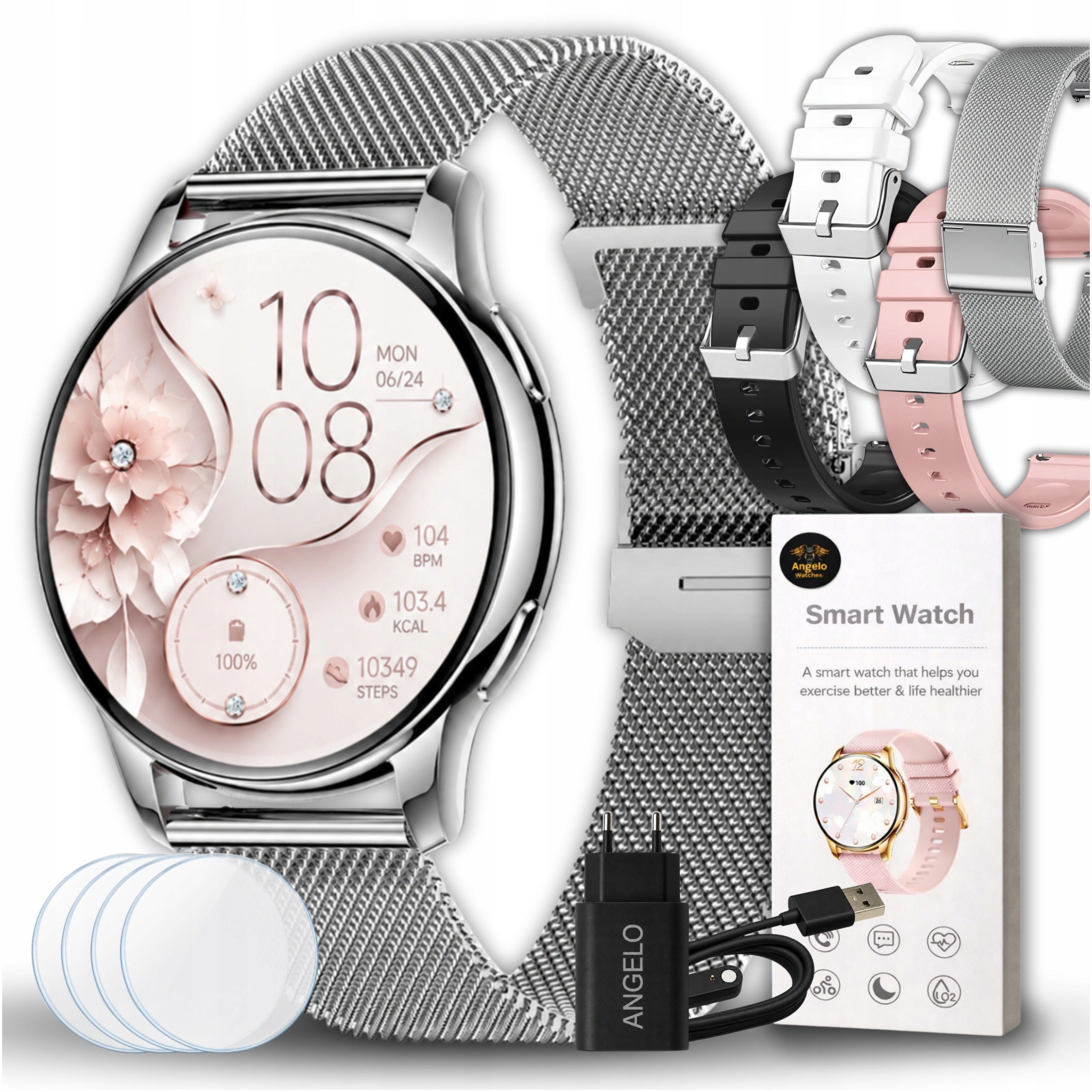 SMARTWATCH WOMEN'S WATCH BLOOD PRESSURE MONITOR CONVERSATION SPORT MENU POLISH 4 STRIPES
