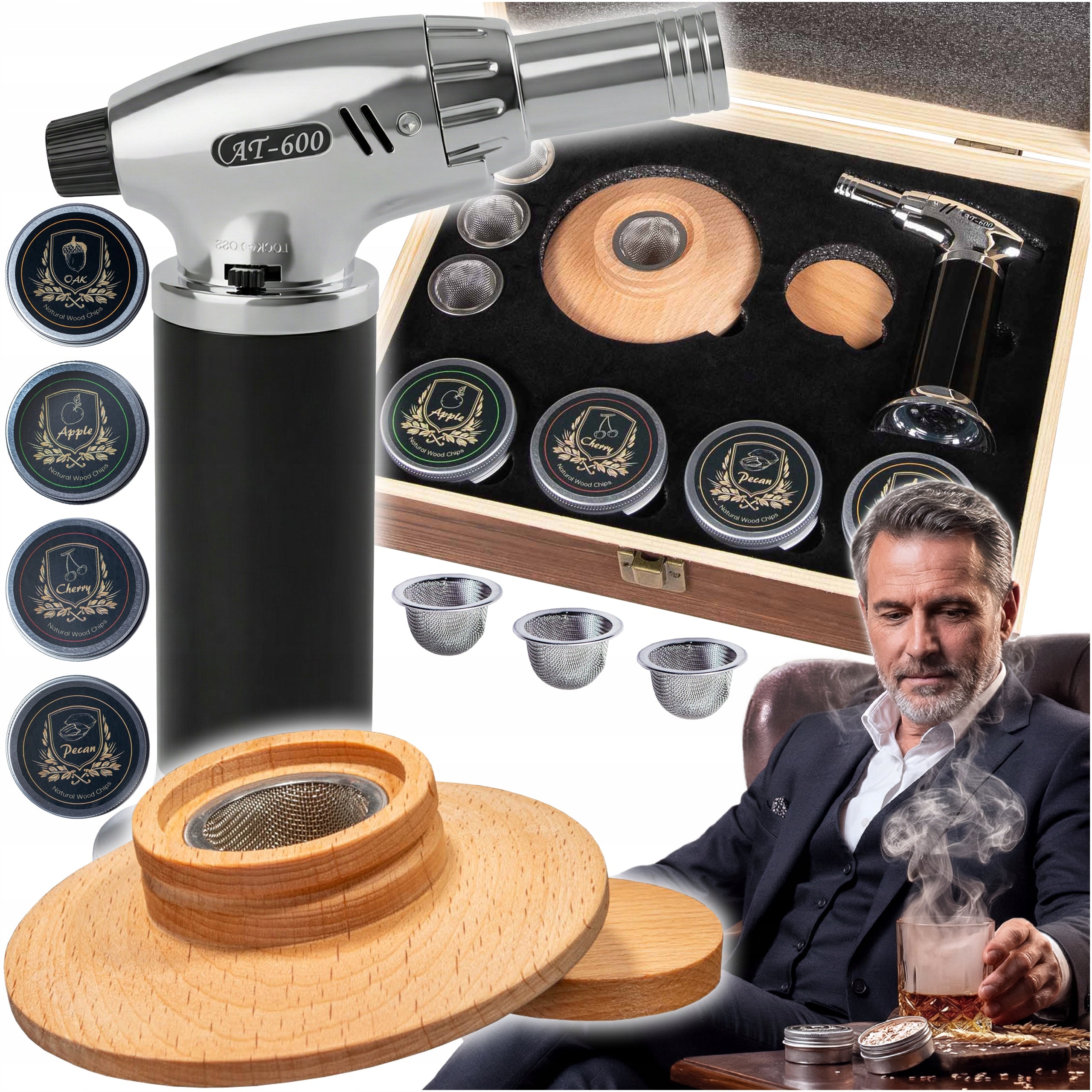 SMOKING SET WHISKEY SMOKER IN WOODEN BOX GIFT FOR GUY
