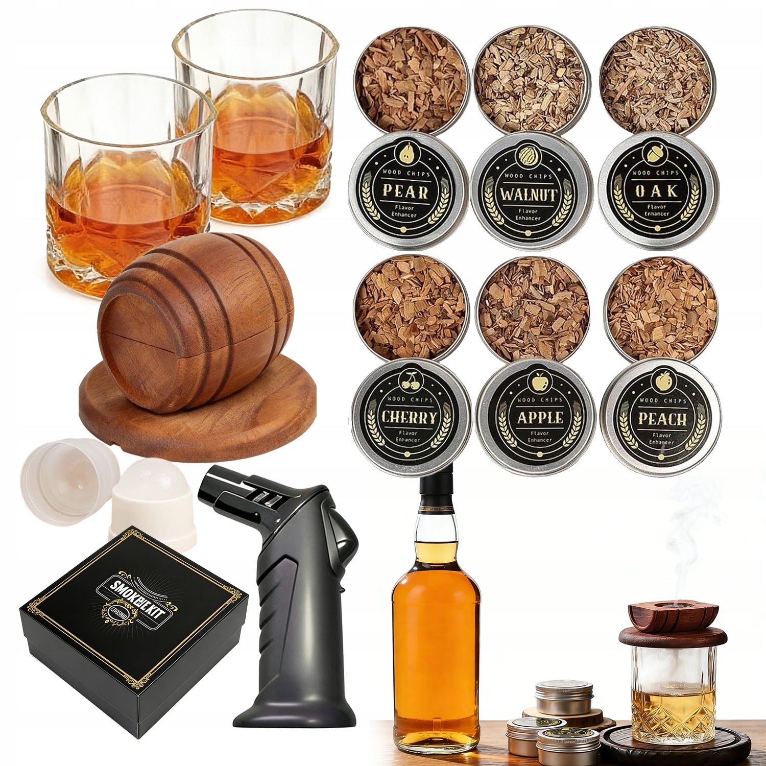 SMOKING WHISKEY GIFT SET 6 SNOT 2 GLASS WOOD 30X27CM