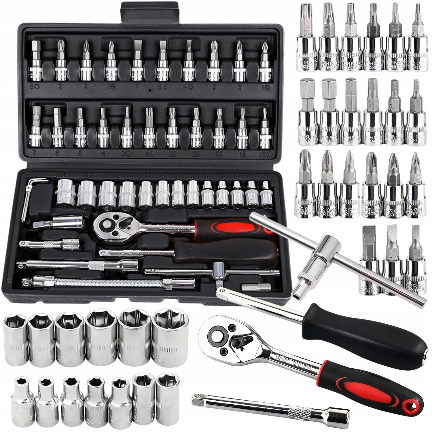 SOCKET TOOL SET 46 ELEMENTS RATCHET CAP BITS IN CASE