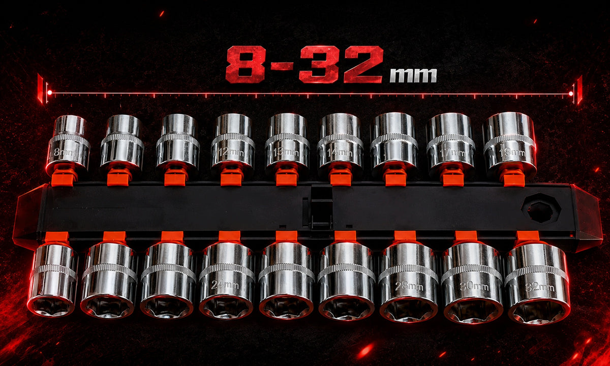 SOCKET WRENCH SET 1/2" RATCHET + CAP EXTENSION 8-32mm 20 EL Manufacturer code KLUCZE NASADOWE NASADKI 8-32 mm SZEŚCIOKĄTNE