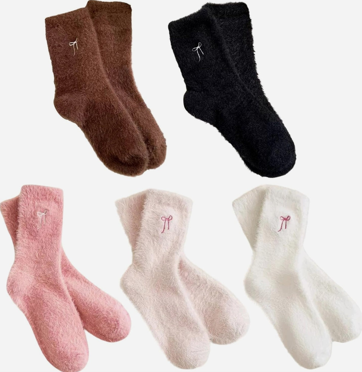 SOCKS 5 PAIRS FLUFFY WOMEN WARM SOFT BOW COLORFUL THICK