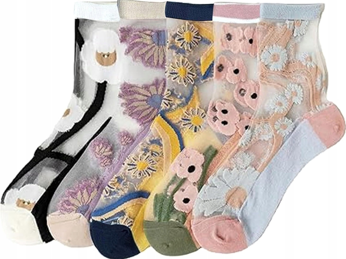 SOCKS 5 PAIRS TRANSPARENT SUMMER MESH FLOWERS WOMEN FASHIONABLE