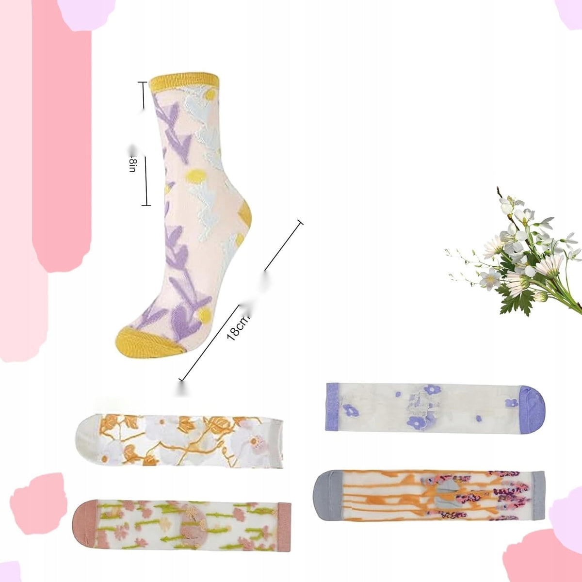 SOCKS 5 PAIRS TRANSPARENT WOMEN'S FLOWERS NYLON MESH FASHIONABLE Brand no brand