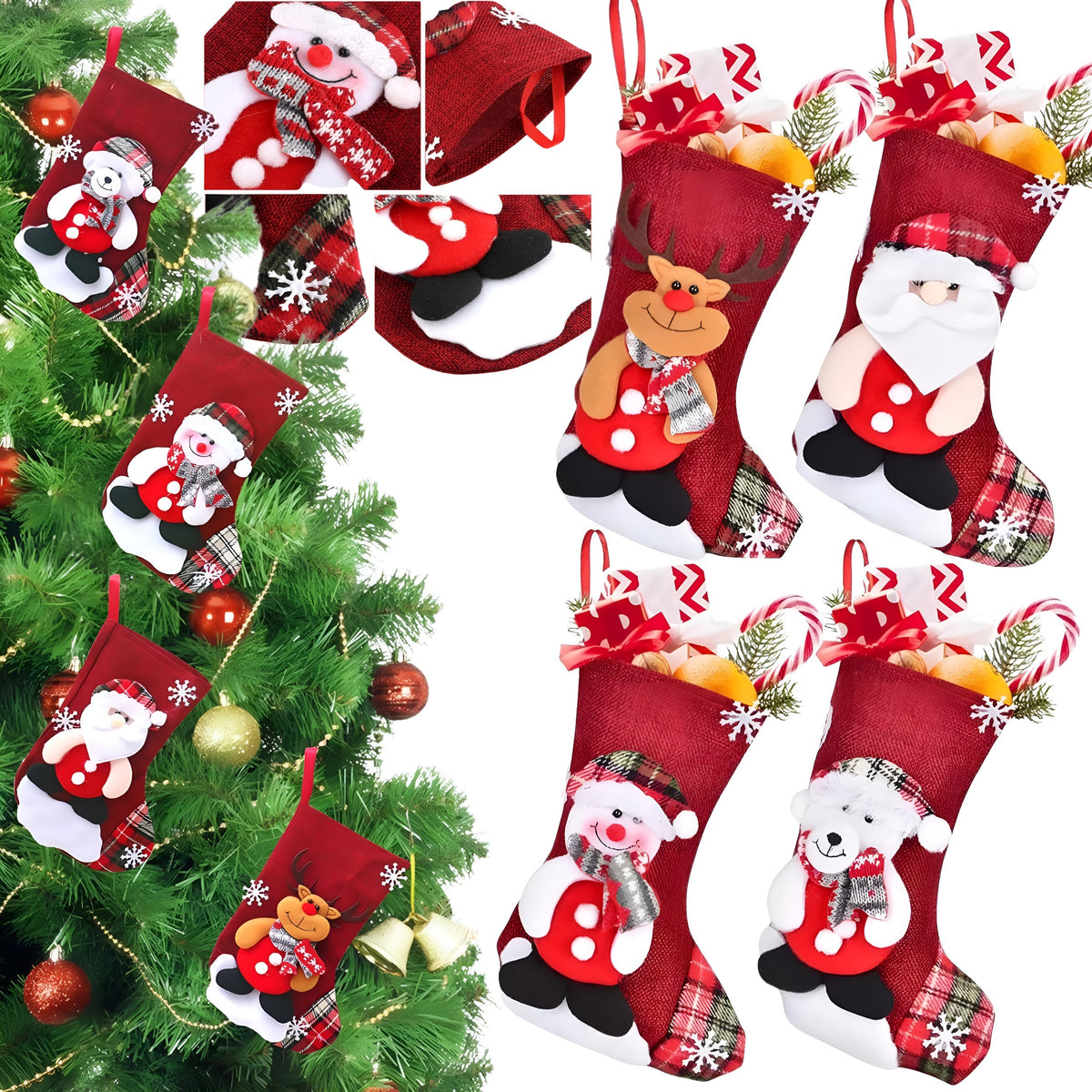 SOCKS FOR CHRISTMAS GIFTS FIREPLACE 4 PCS CHRISTMAS TREE SANTA CLAUS DECORATIONS