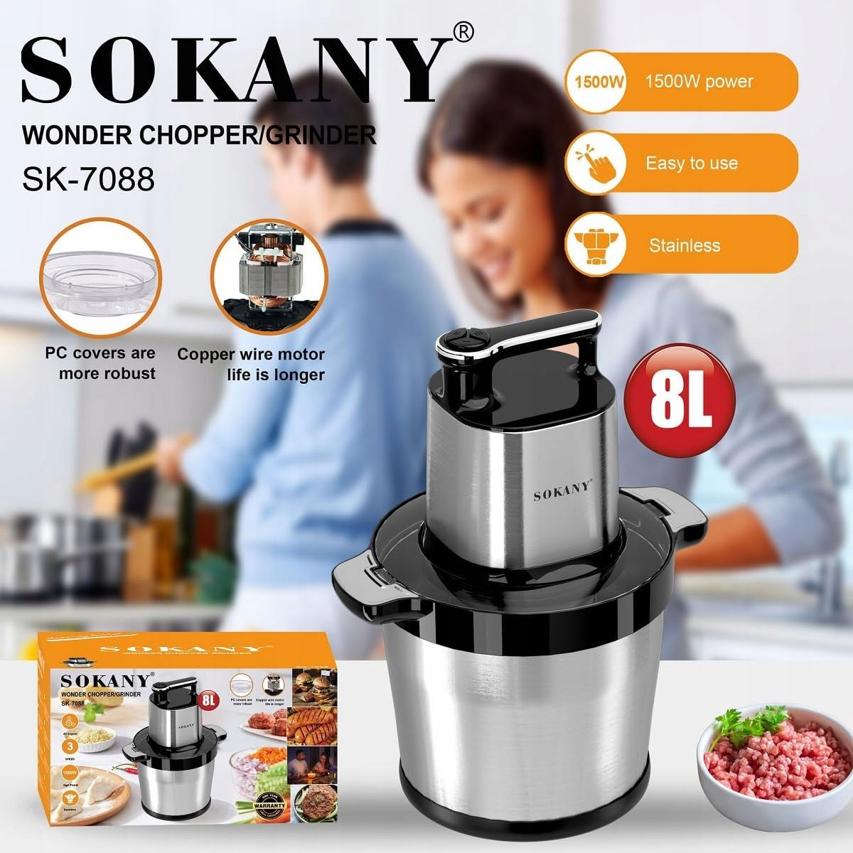SOKANY Meat grinder 1500W bowl 8L stainless steel 6 blades 3 speeds Brand Sokany